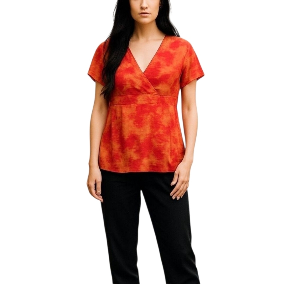 AXCESS Red Pullover Tie Dye Lined Ruched V-Neck Short Sleeve Blouse Top Large